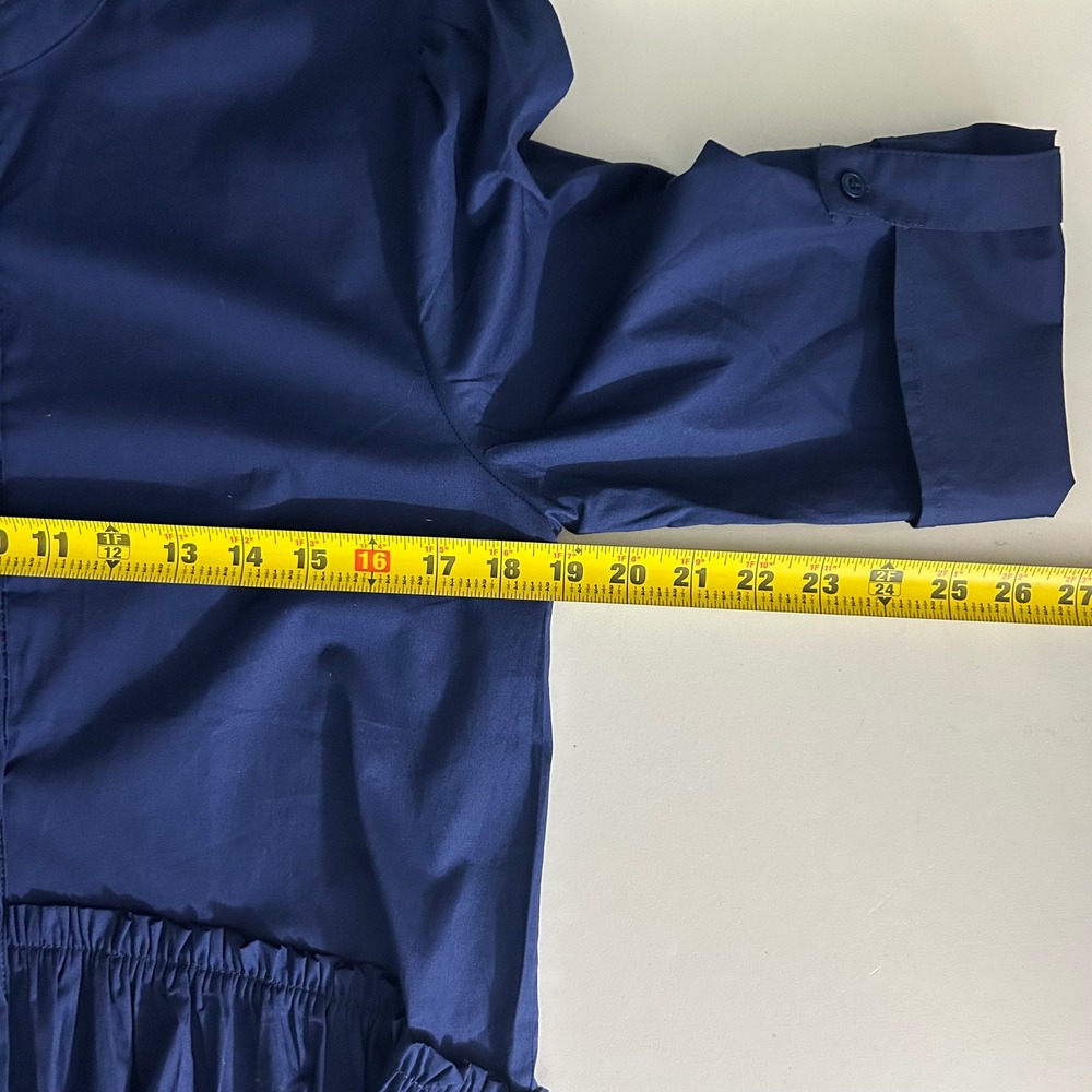 Taylor Tillman Navy Blue Cotton Poplin Ruffle Drop Waist Midi Shirt Dress Small - Picture 6 of 13